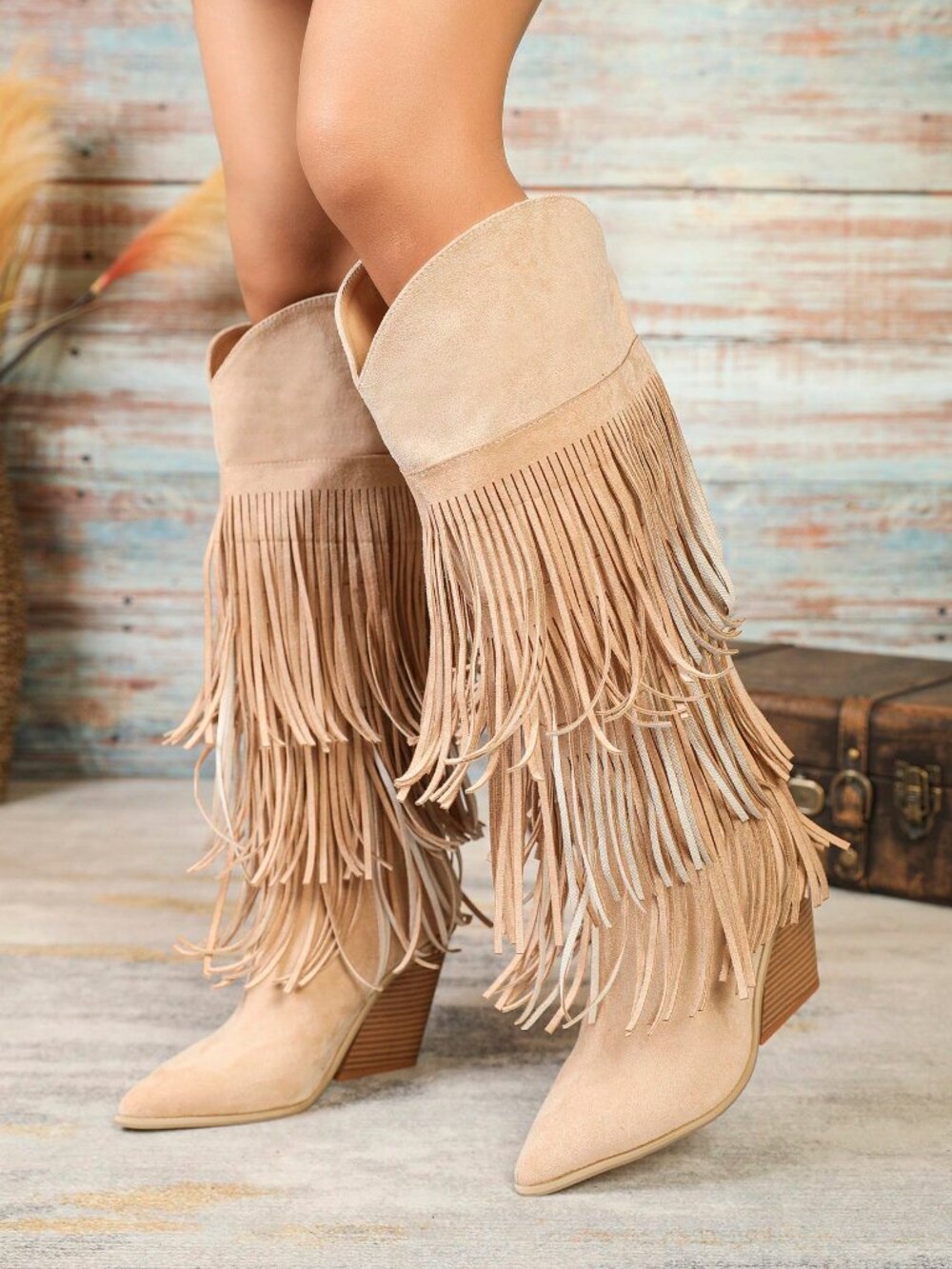 Apricot Western Women's Knee-High Fringe Faux Suede Chunky Heel Boots